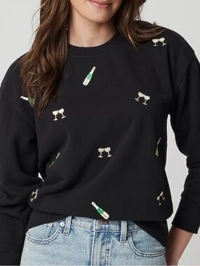 J.Crew Party drinks embroidered sweatshirt Black Novelty Print Champagne L NWT
